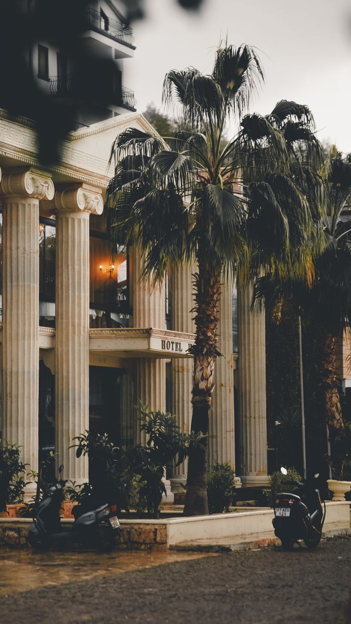 A sophisticated hotel entrance with grand columns and lush palm trees, creating an inviting atmosphere.